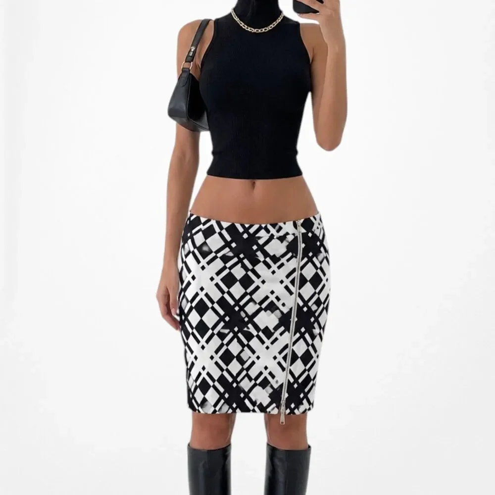 Vintage Y2K White Blue Zipper Detail Knee Length Bodycon Pencil Skirt Size S/M